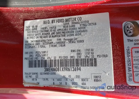 2009 Mercury Milan V6 Premier из США, поврежденный, VIN 3MEHM081X9R613694